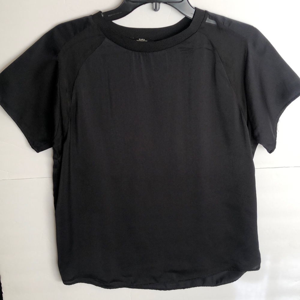 Zara Black Silky Short Sleeves Mesh Details Loose Fit Top Blouse Shirt S…